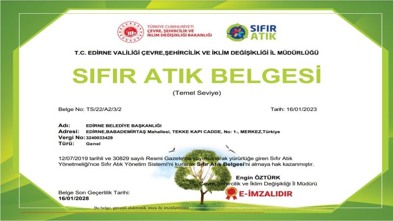 Belediyeye sıfır atık belgesi verildi