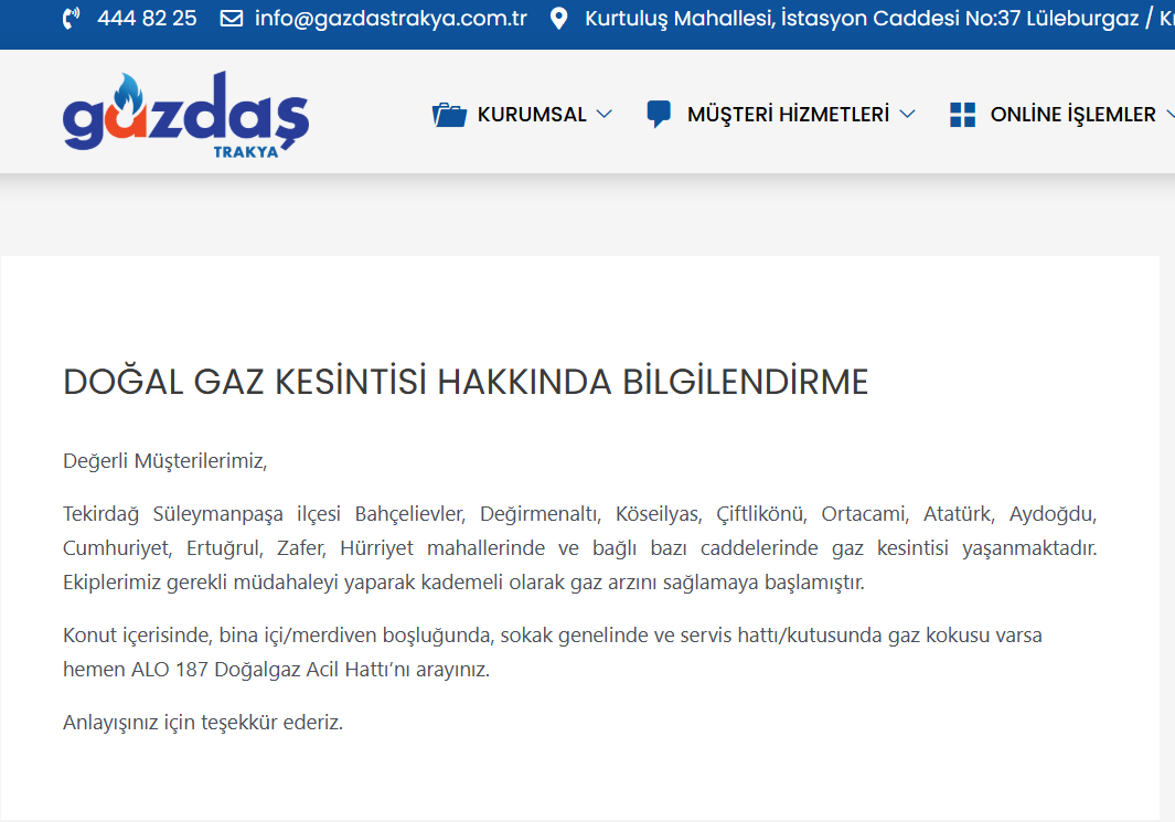 Süleymanpaşa’da Doğal Gaz Kesintisi: GAZDAŞ’tan Açıklama